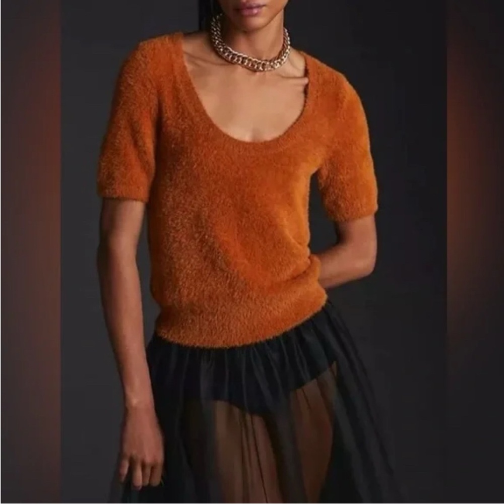 Maeve by Anthropologie Scoop Neck Eyelash Sweater Tee in Cozy Orange